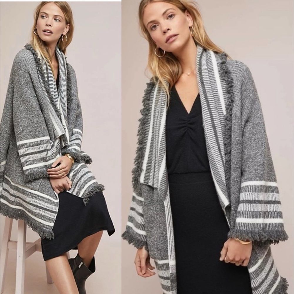 Anthropologie Portland Collar Kimono Sweater Fringe Gray White Stripe OS